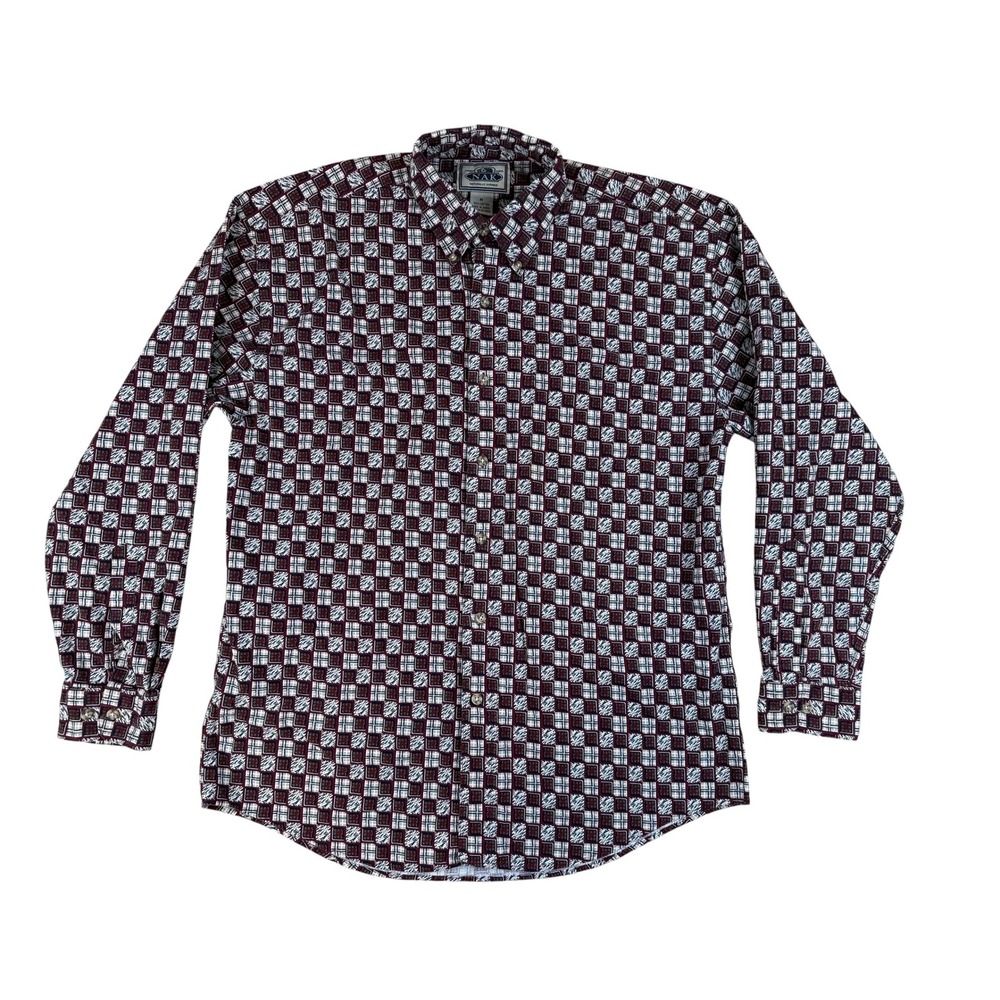NAK Size M Button Down Shirt Vintage Geometric Cotton Burgundy Navy Pattern